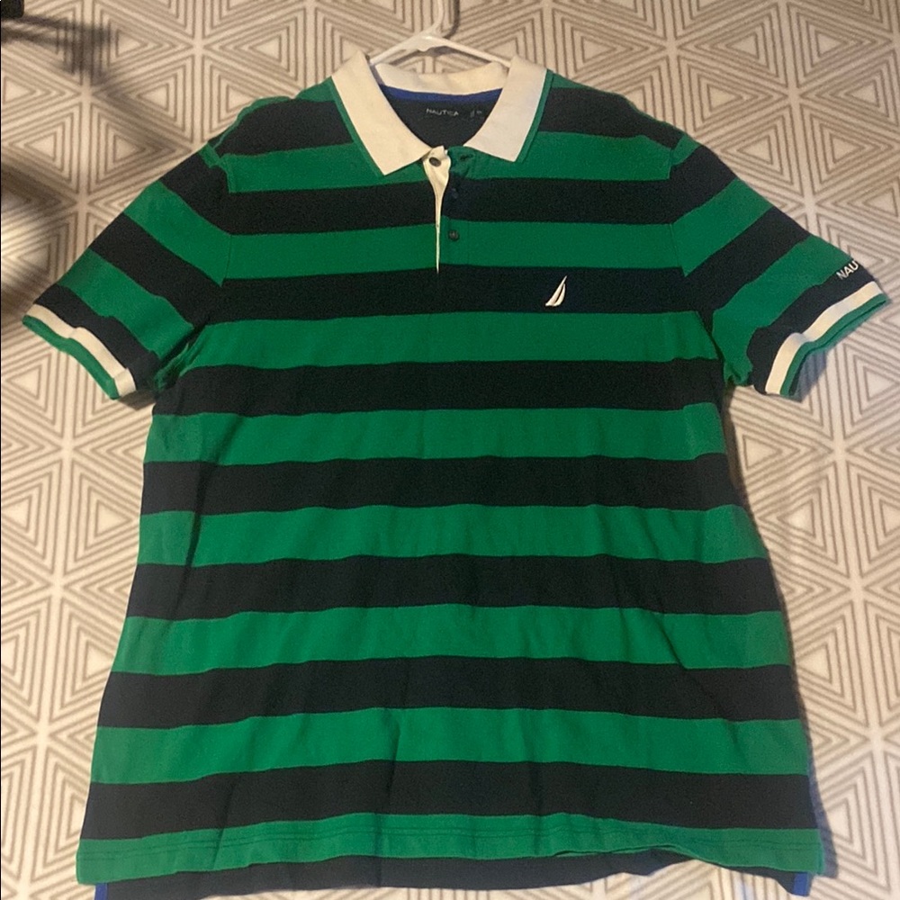 Nautica Green and Black Polo Shirt with‎ White Collar
